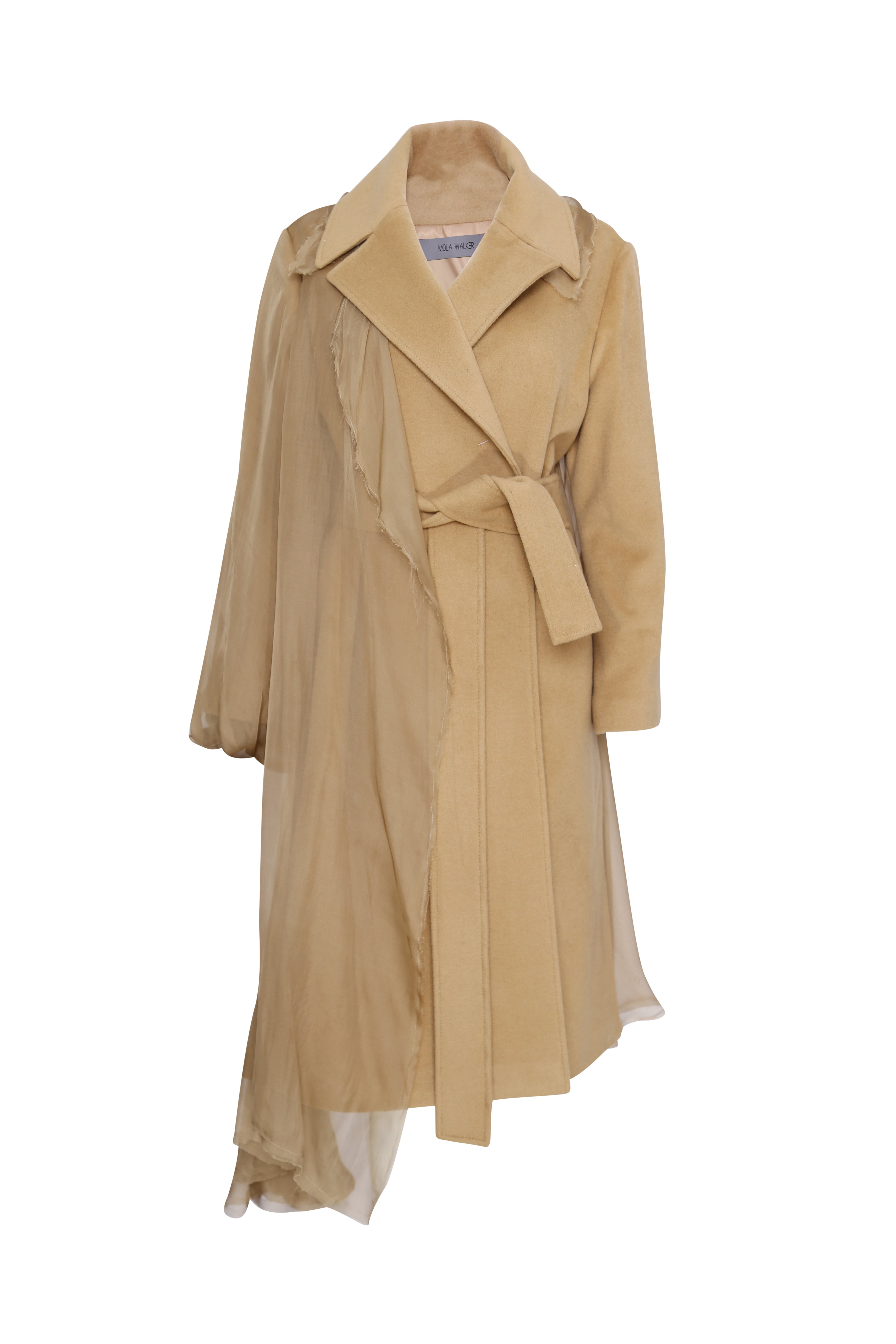 belted coat with silk detail