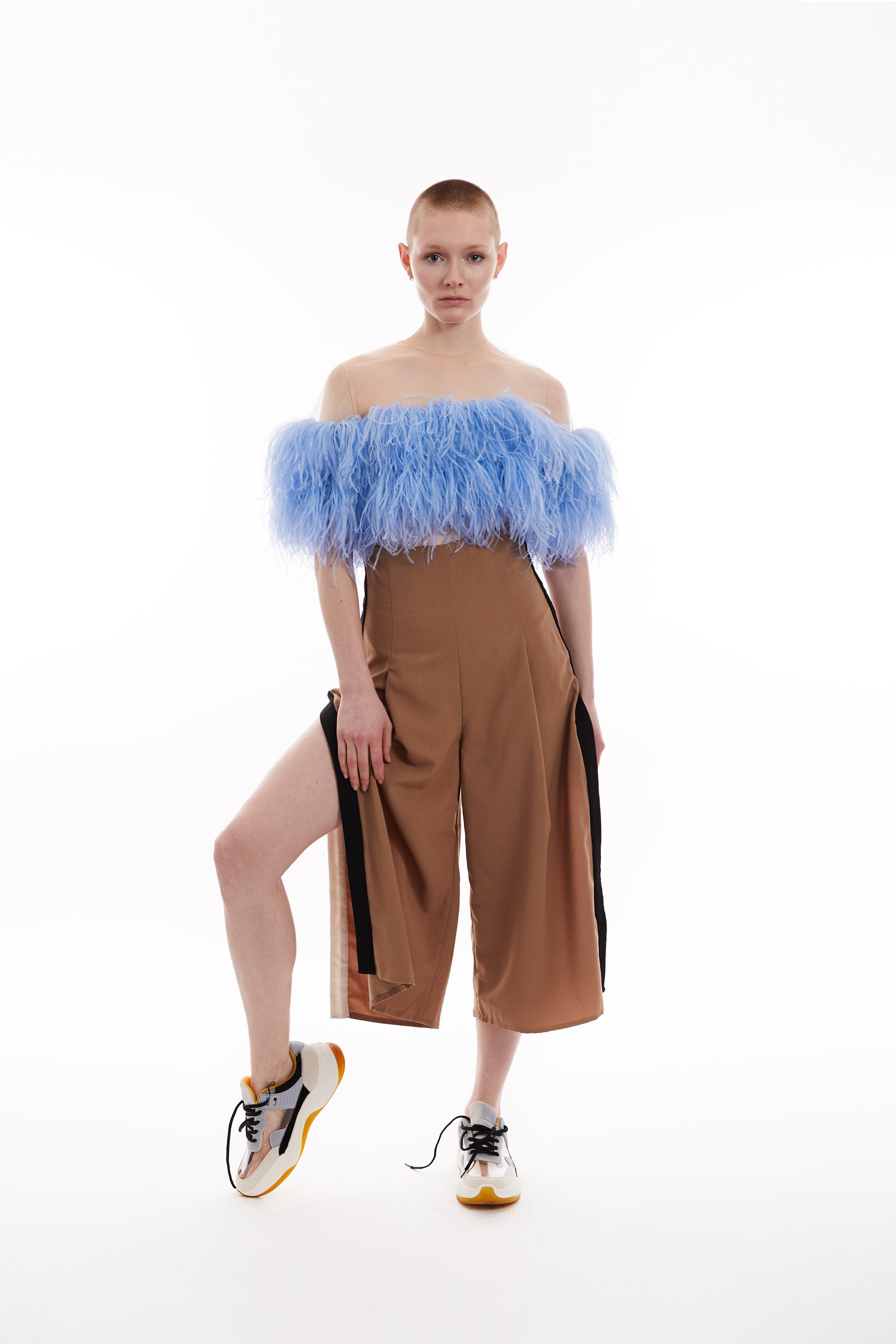 Cropped feather-trimmed tulle top