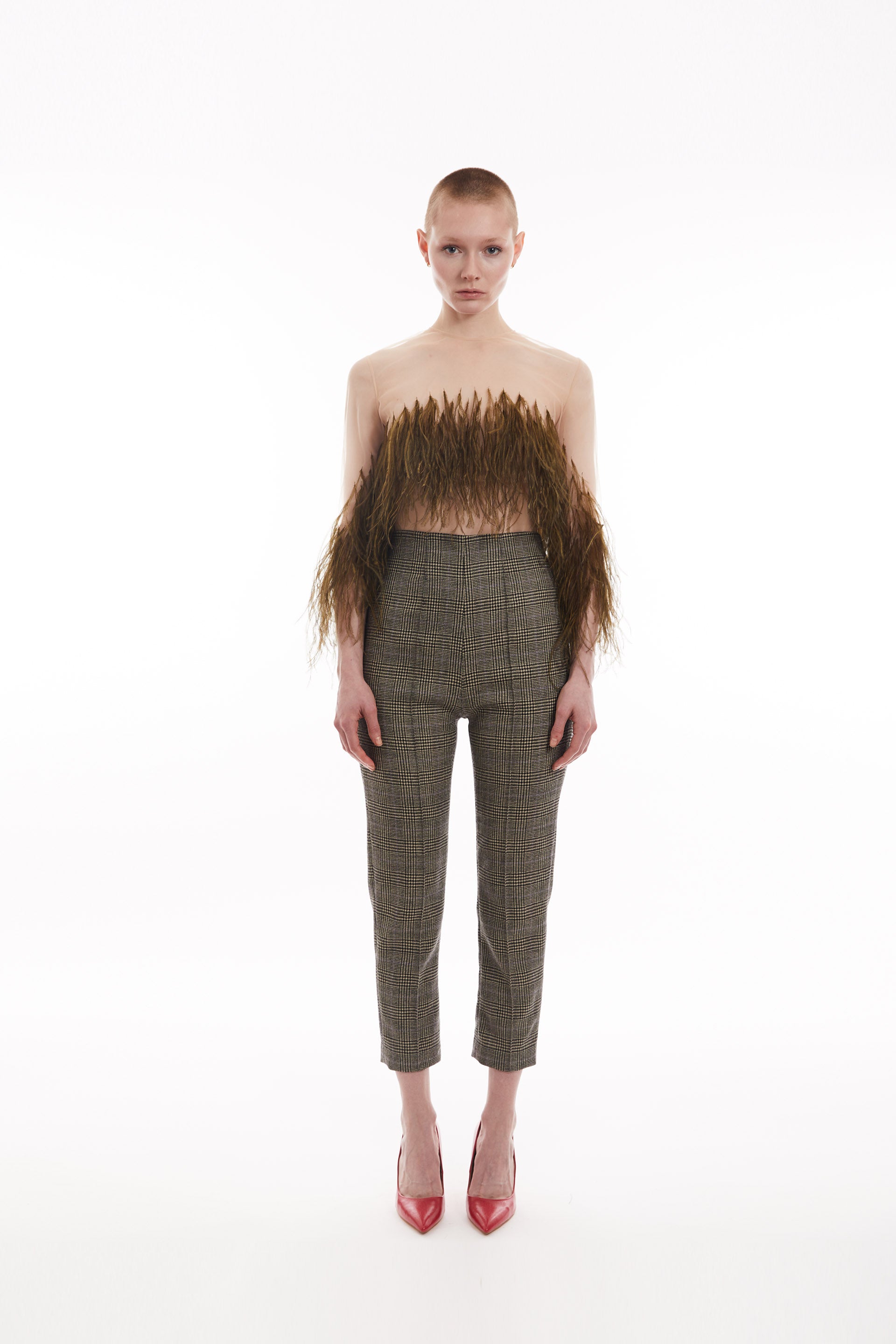 Cropped feather-trimmed tulle top